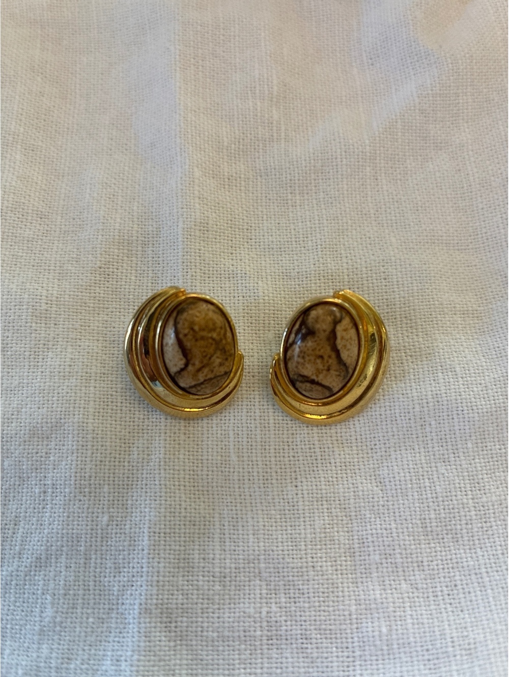 Vintage Gold Tone Oval Clip-On Earrings with Brown Stone Detail